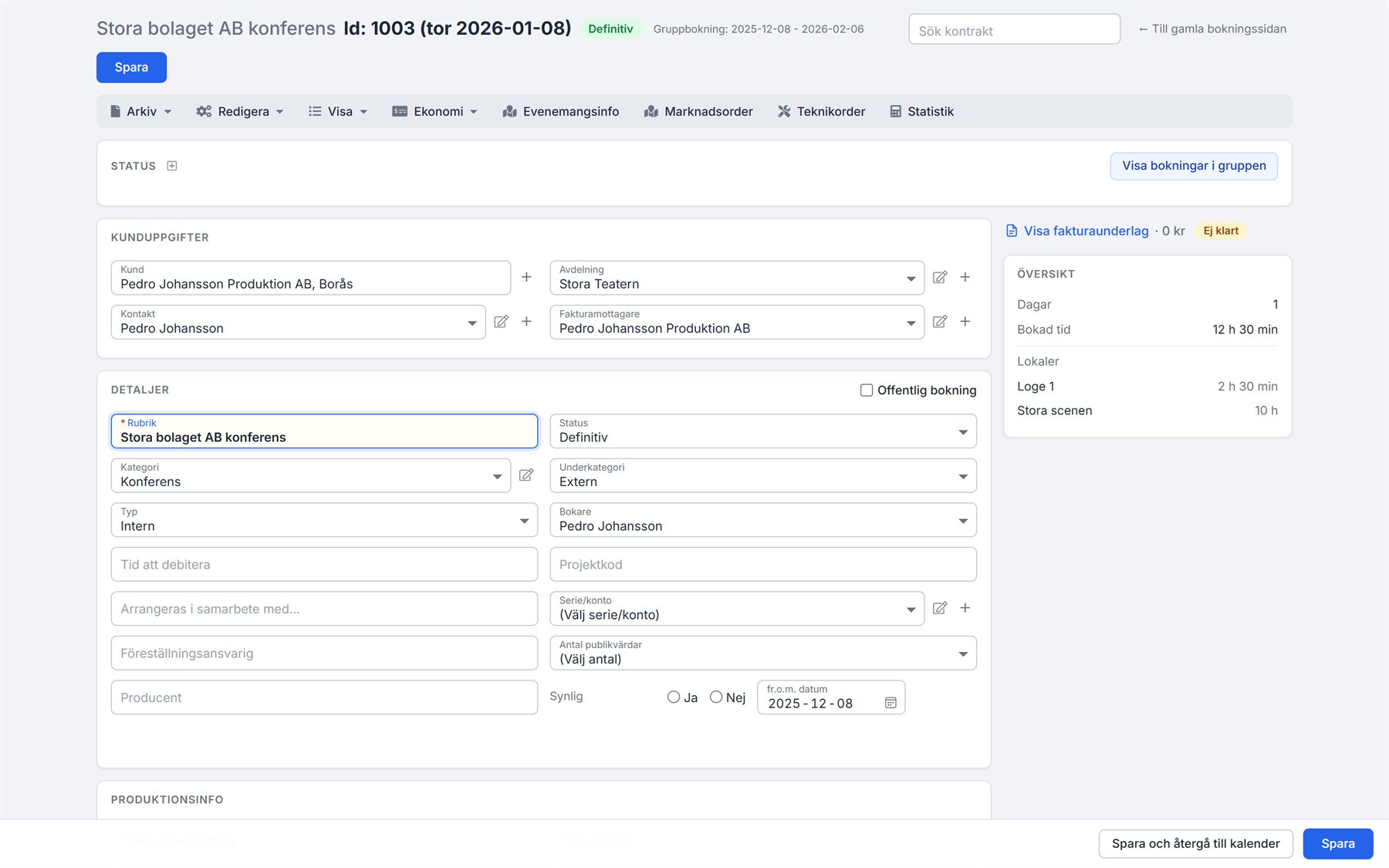 Lokalbokningen i GigManager: kunduppgifter, detaljer och en översikt över bokade lokaler och tider.